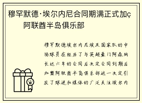 穆罕默德·埃尔内尼合同期满正式加盟阿联酋半岛俱乐部