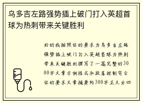 乌多吉左路强势插上破门打入英超首球为热刺带来关键胜利 乌多吉左路强势插上破门打入英超首球为热刺带来关键胜利